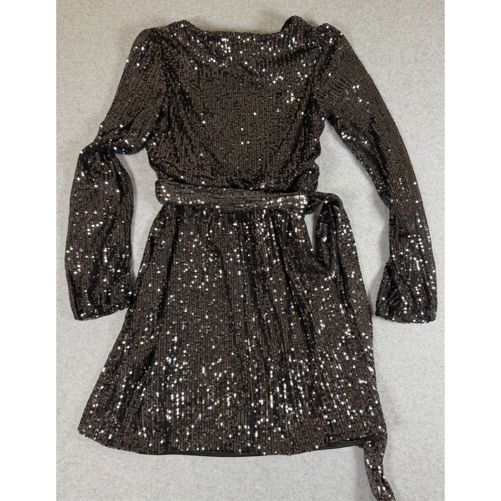Crystal Sky Black Sequin Belted Mini‎ Dress XS Long Sleeve Shimmery Rave SKU 162